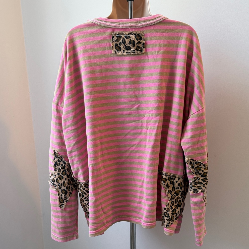 Womens Blue Velvet pink Brown Striped Star Patch Top Large has pockets - Picture 4 of 8
